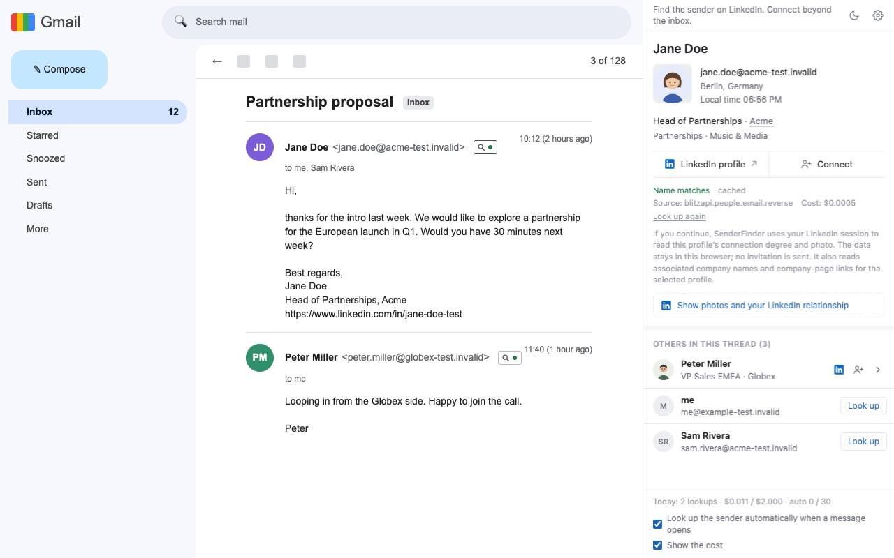 Gmail with the SenderFinder side panel: the profile of Jane Doe, Head of Partnerships at Acme in Berlin, and the other people in the thread.