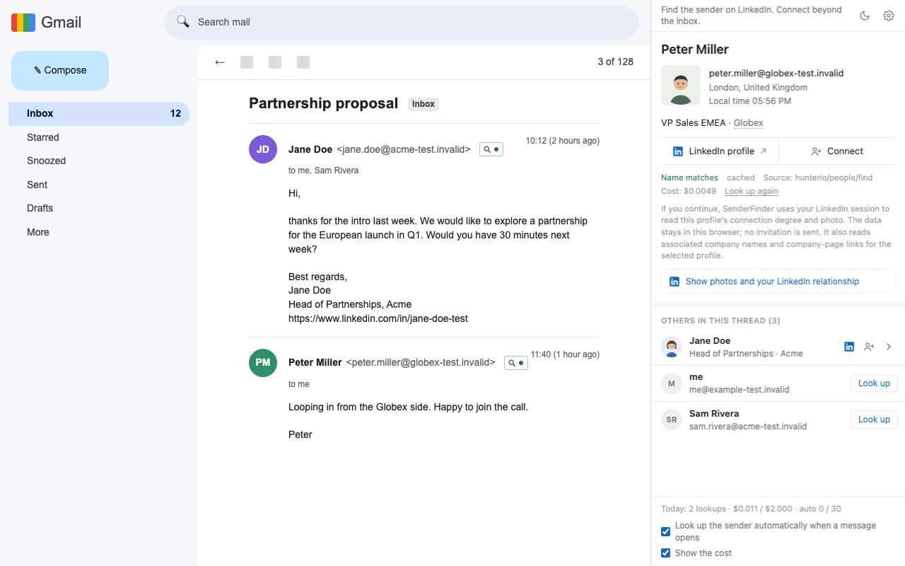 Gmail with the SenderFinder side panel: the other people in a thread are listed with the lookup button next to each of them.